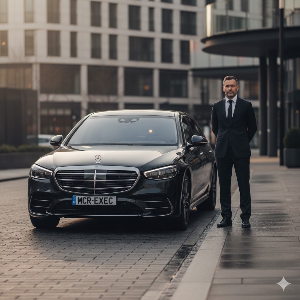 Full day chauffeur service with black Mercedes S-Class chauffeur vehicle, MCR-EXEC number plate visible, professional chauffeur on standby outside a luxury UK business venue, representing extended hourly chauffeur hire. Full day chauffeur service with Mercedes S-Class executive vehicle by MCR EXEC