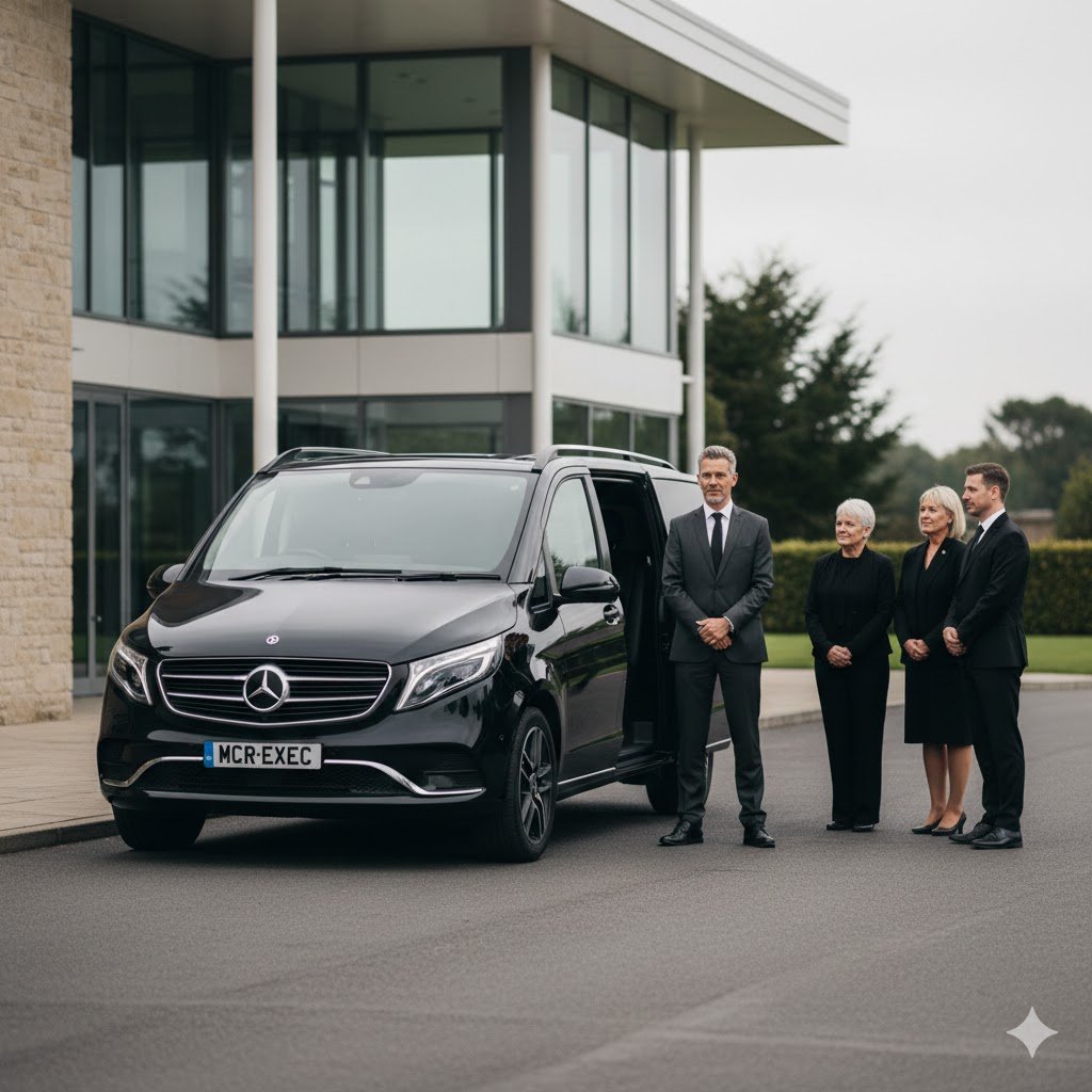 Funeral Chauffeur Service Manchester with a black Mercedes V-Class MPV by MCR-EXEC, providing discreet family transport outside a funeral venue