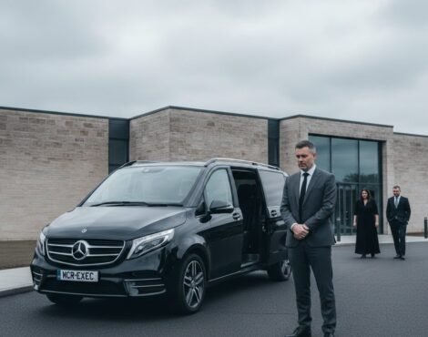 Funeral chauffeur service using a black Mercedes V-Class by MCR-EXEC, providing discreet family transport with privacy and comfort. Funeral Chauffeur Service providing discreet family transport in a black Mercedes V-Class by MCR EXEC