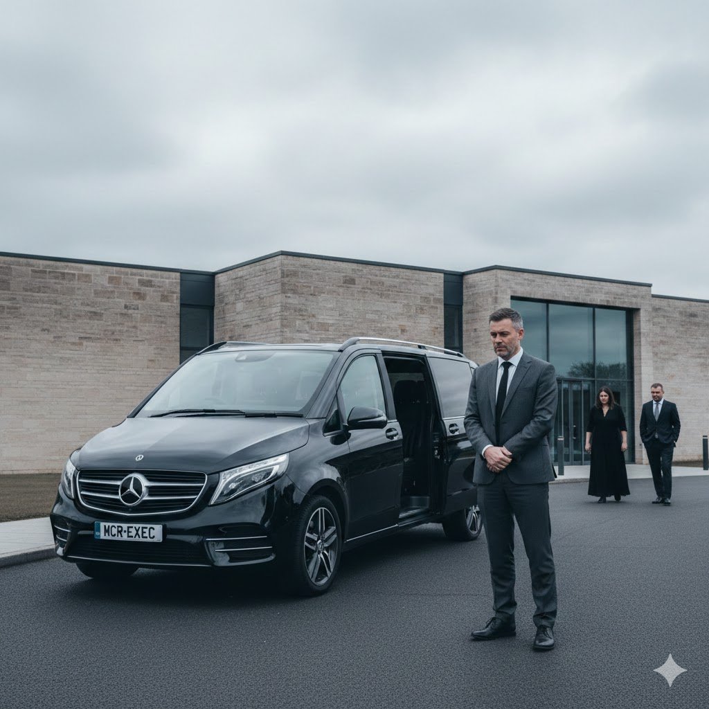 Funeral chauffeur service using a black Mercedes V-Class by MCR-EXEC, providing discreet family transport with privacy and comfort. Funeral Chauffeur Service providing discreet family transport in a black Mercedes V-Class by MCR EXEC