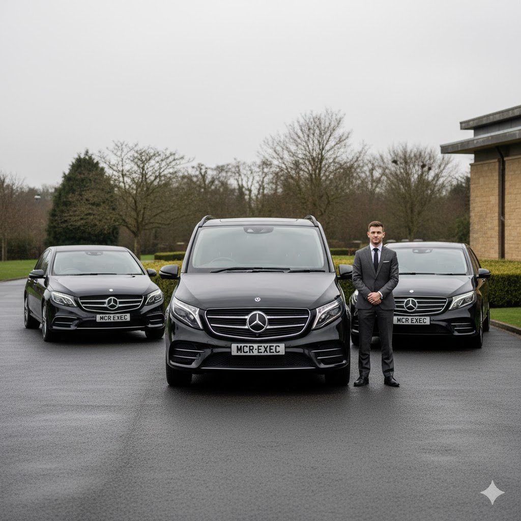 Funeral chauffeur transport fleet by MCR-EXEC featuring black Mercedes V-Class, S-Class, and E-Class vehicles at a UK cemetery