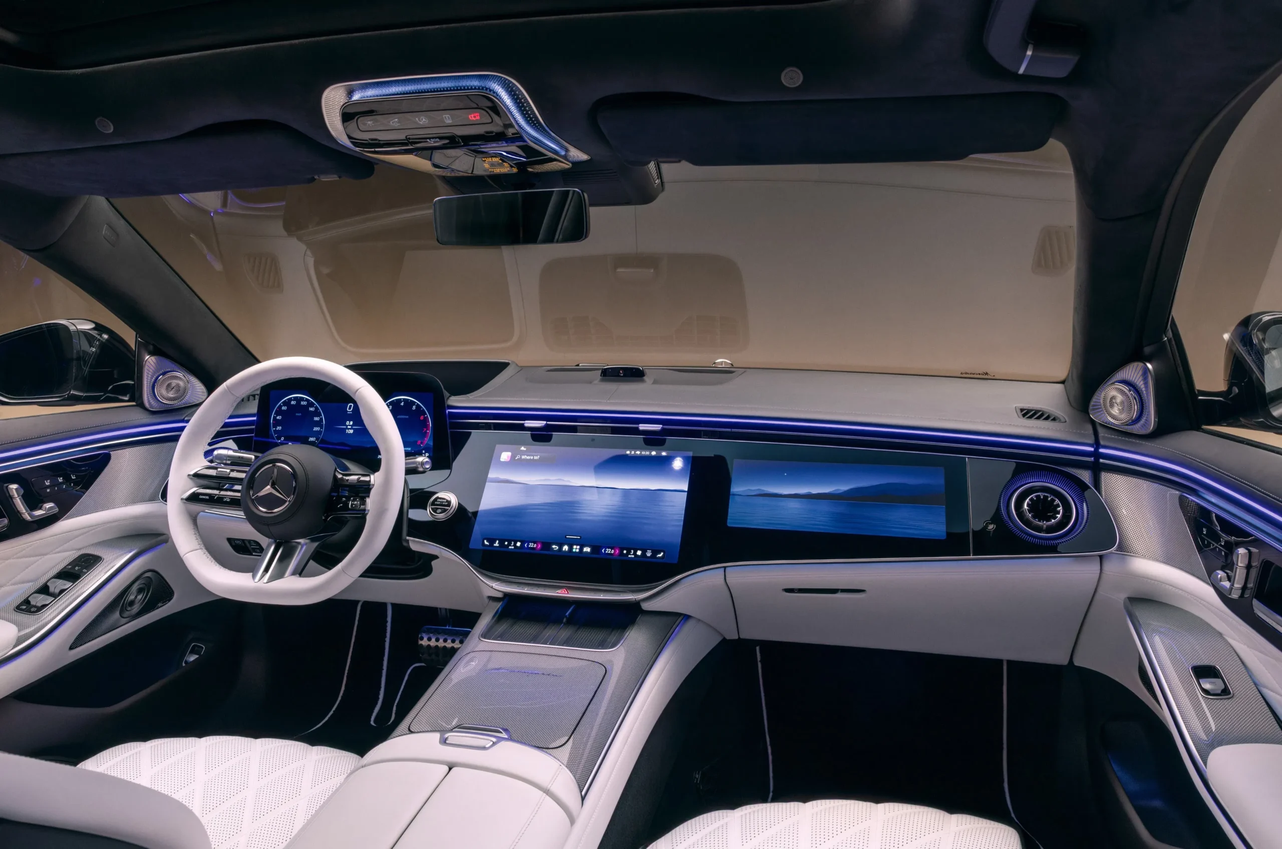 Luxury rear interior of a Mercedes S-Class chauffeur vehicle