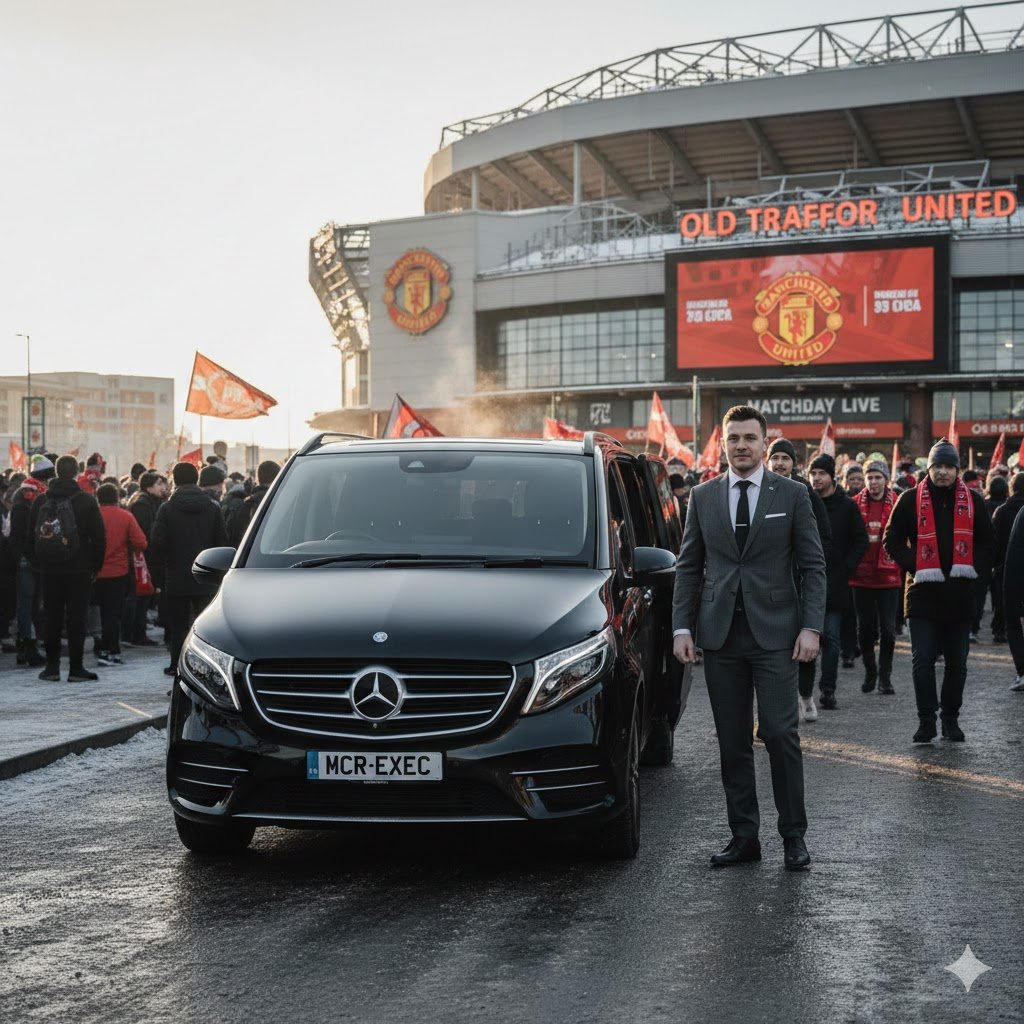 MCR EXEC Mercedes V-Class outside a premium Trafford location for Executive Chauffeur Hire in Trafford