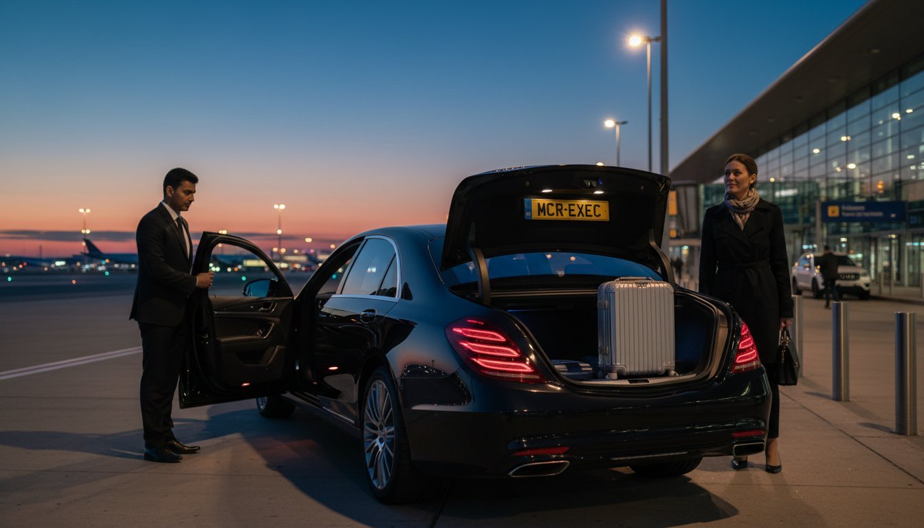 Early Morning Airport Chauffeur Manchester service with a black Mercedes-Benz S-Class operated by MCR-EXEC, showing a professional chauffeur assisting passengers during a pre-dawn airport departure at Manchester Airport.
