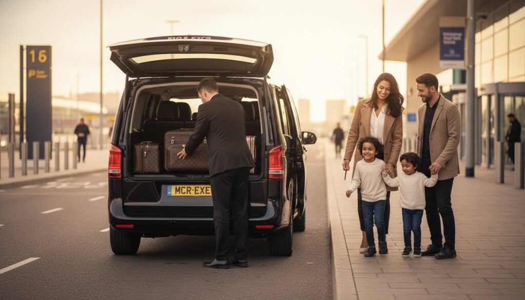 Family airport chauffeur with luggage beside a black Mercedes V-Class MPV operated by MCR-EXEC, showing a professional chauffeur loading suitcases while a family with children arrives at a modern UK airport terminal for a luxury airport transfer.