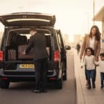 Family airport chauffeur with luggage beside a black Mercedes V-Class MPV operated by MCR-EXEC, showing a professional chauffeur loading suitcases while a family with children arrives at a modern UK airport terminal for a luxury airport transfer.