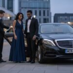 Hourly chauffeur hire for events Manchester featuring a black Mercedes S-Class luxury saloon by MCR-EXEC, with a professional chauffeur assisting an elegantly dressed couple outside a modern city venue