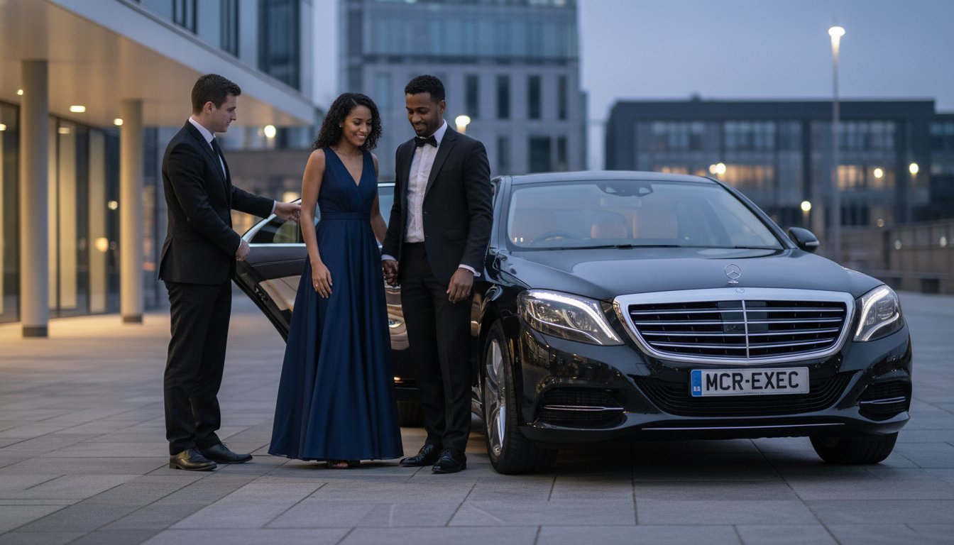 Hourly chauffeur hire for events Manchester featuring a black Mercedes S-Class luxury saloon by MCR-EXEC, with a professional chauffeur assisting an elegantly dressed couple outside a modern city venue