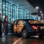 Late night airport chauffeur service Manchester showing a black Mercedes-Benz S-Class with MCR-EXEC number plate at Manchester Airport at night, with a professional chauffeur assisting passengers during a late-night airport arrival.