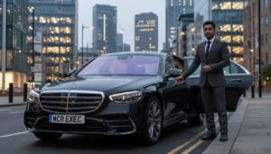 Professional chauffeur standing beside a black Mercedes S-Class in a city setting, representing executive travel from Stockport.