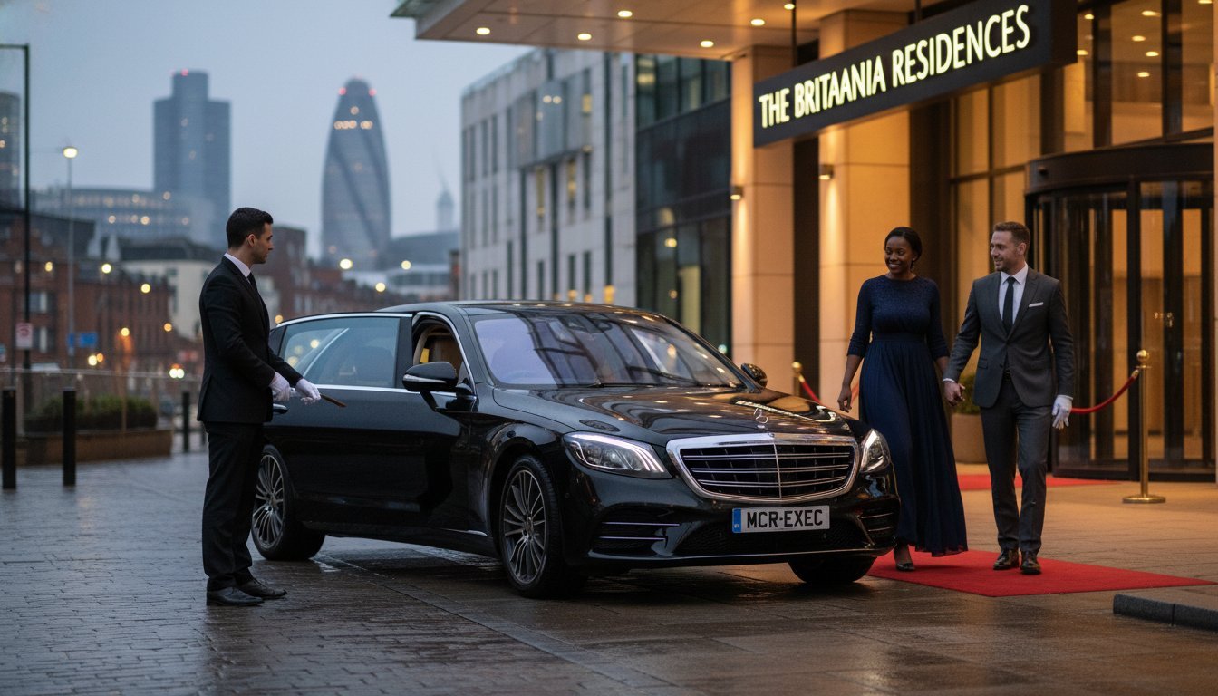 Chauffeur service for hospitality guests with a black Mercedes S-Class arriving at a luxury city hotel, professional MCR-EXEC chauffeur opening the door for VIP hotel guests during evening check-in