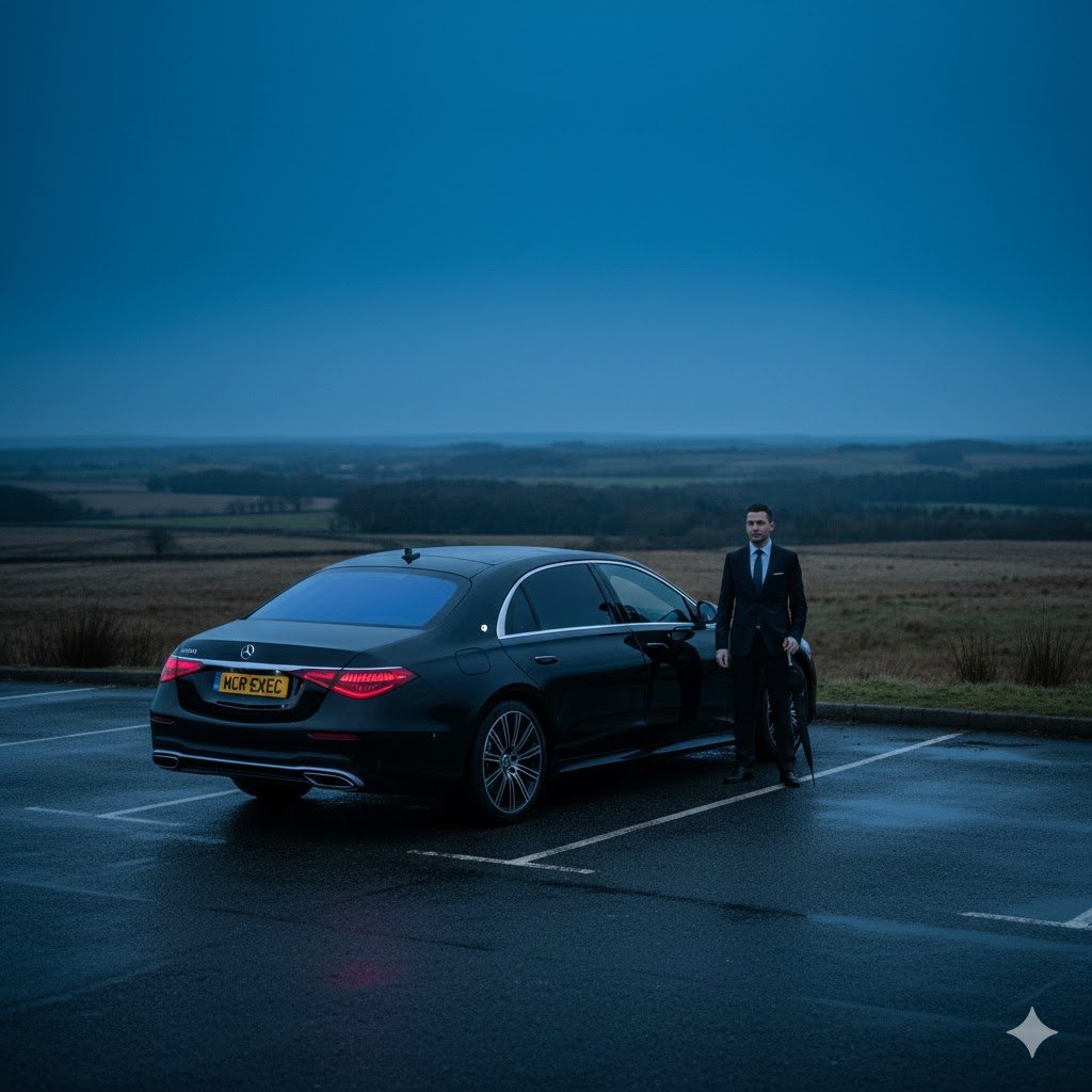 Ainsworth chauffeur service hero image featuring a black 2025 Mercedes-Benz S-Class with MCR-EXEC number plate parked on a quiet moorland roadside in Ainsworth, Greater Manchester, with a professional chauffeur waiting during an evening executive journey.
