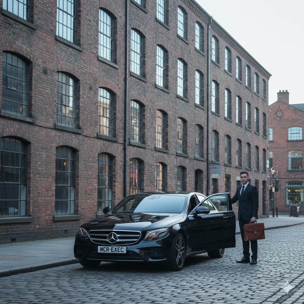 Ancoats Private Chauffeur Hire with a black Mercedes E-Class by MCR-EXEC collecting a business passenger from a loft apartment in Ancoats, Manchester.