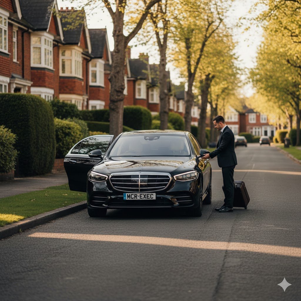 Ashton-upon-Mersey Chauffeur Service by MCR-EXEC featuring black 2025 Mercedes S-Class with chauffeur assisting passenger in residential Trafford setting