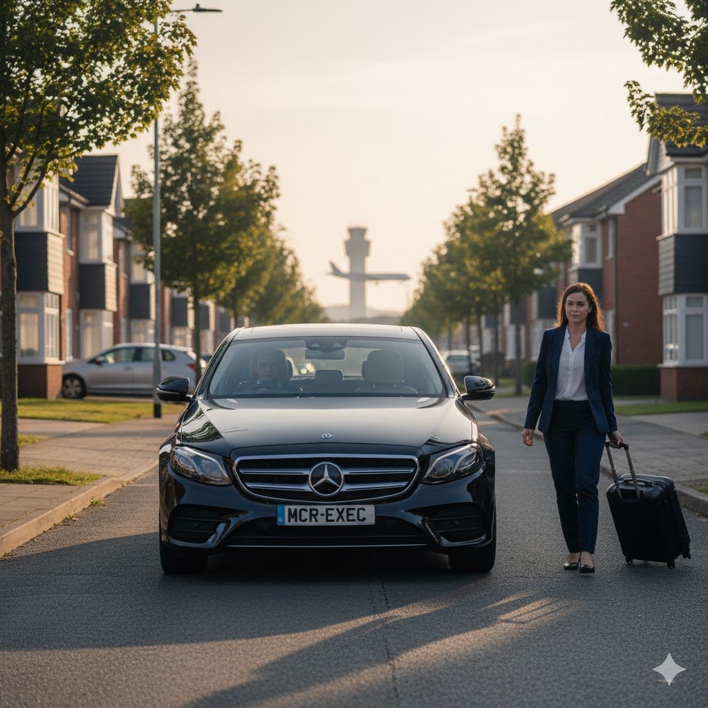 Baguley Executive Transfers with a black Mercedes E-Class by MCR-EXEC collecting a passenger for airport travel from a residential address in Baguley, Manchester.