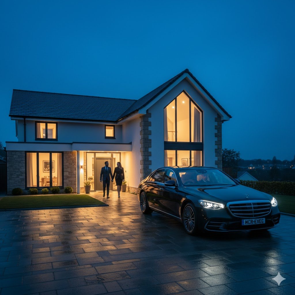 Bamford Chauffeur Service with black 2025 Mercedes-Benz S-Class operated by MCR-EXEC, showing a luxury vehicle outside a high-end Bamford residence during evening executive transport.