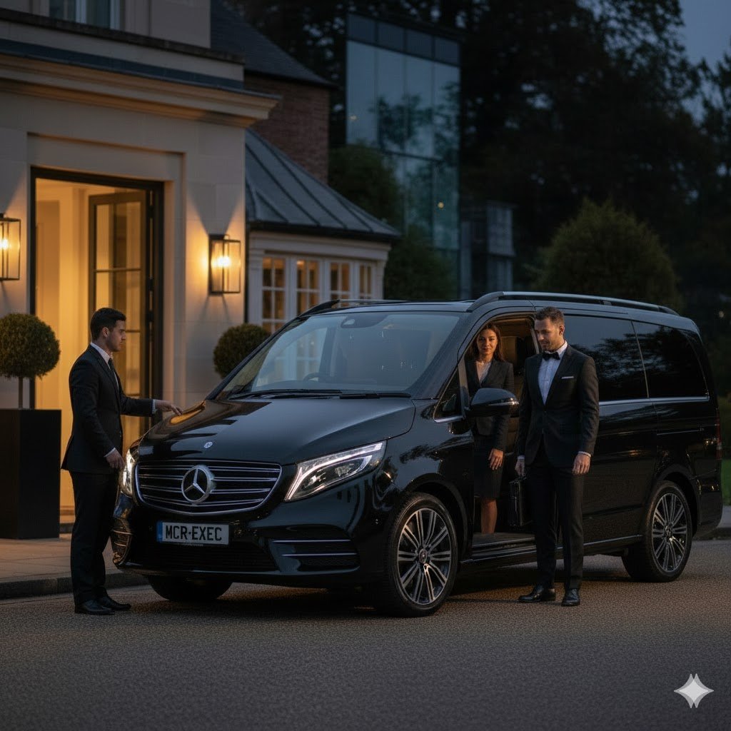 Bolton Chauffeur Service event transport with black 2025 Mercedes V-Class and MCR-EXEC number plate arriving at evening venue in Bolton