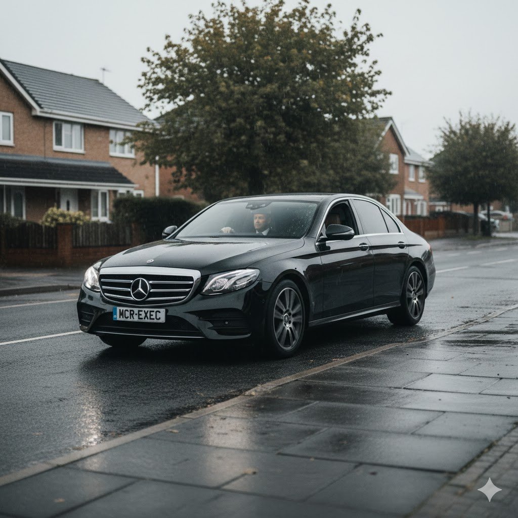 Brandlesholme executive car hire hero image showing a black 2025 Mercedes-Benz E-Class with MCR-EXEC number plate driving through a quiet residential street in Brandlesholme, Greater Manchester, during an early-morning executive journey.