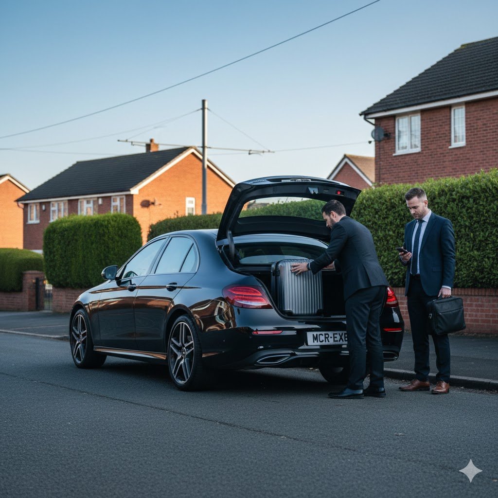 Brooklands Chauffeur Service by MCR-EXEC with black 2025 Mercedes E-Class and chauffeur loading luggage for airport transfer