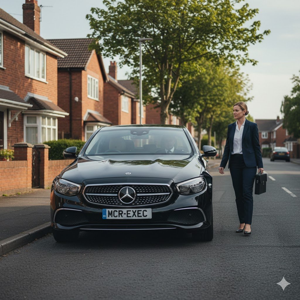 Burnage Executive Car Hire with a black Mercedes E-Class by MCR-EXEC collecting a professional passenger from a residential address in Burnage, Manchester.