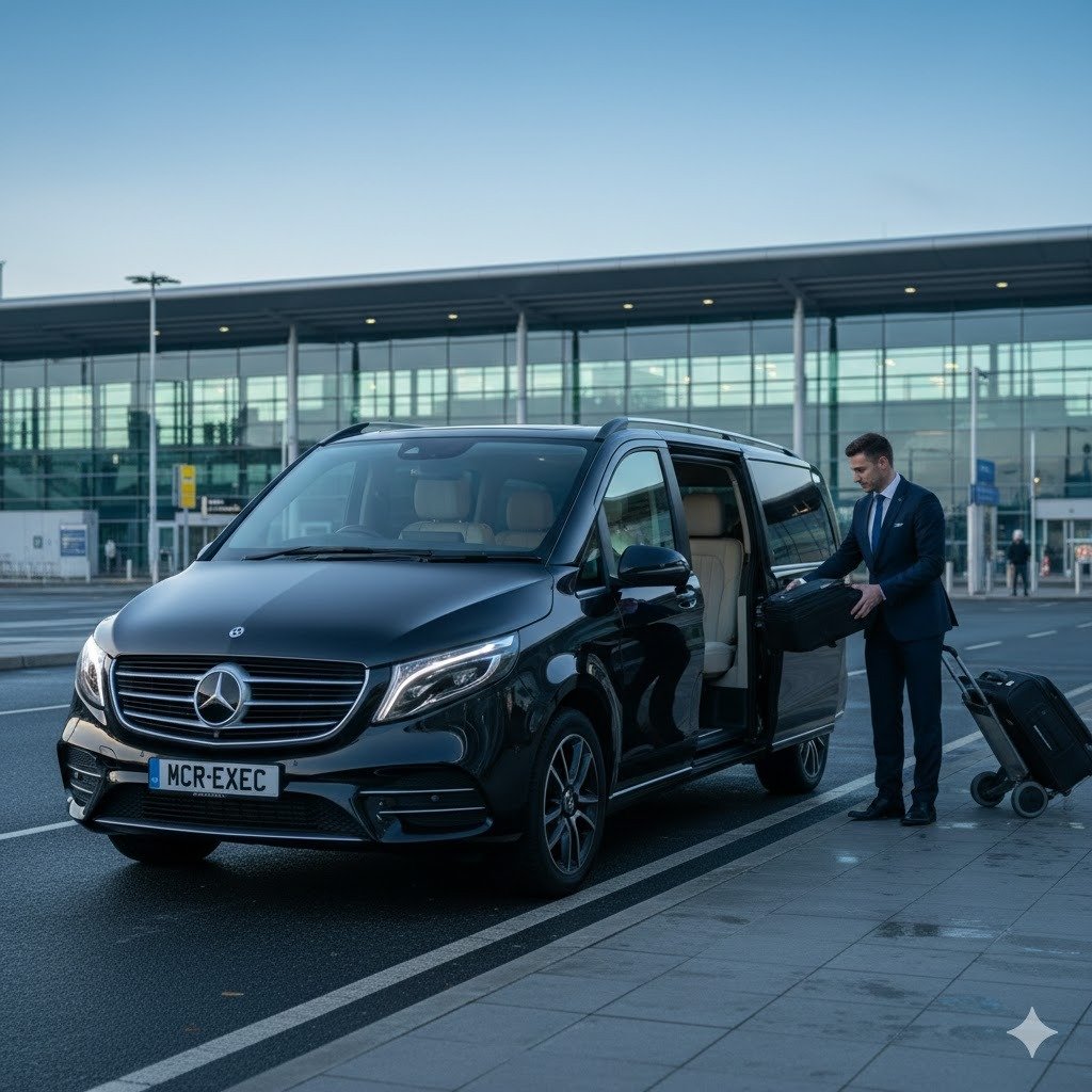 MCR EXEC Mercedes V-Class prepared for an airport departure from Bury