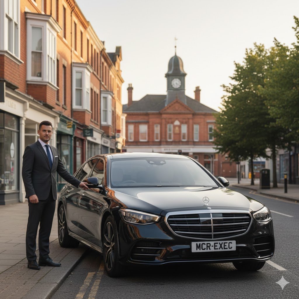 Luxury Chauffeur Services in Bury featuring a black 2025 Mercedes S-Class executive saloon with MCR-EXEC number plate, professionally dressed chauffeur opening the rear door on a Bury town centre street in Greater Manchester.