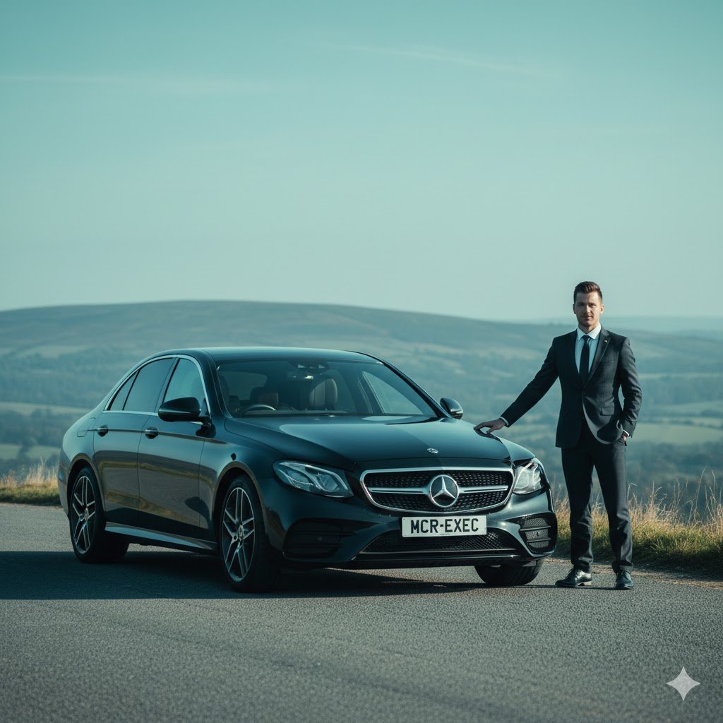 Carrbrook chauffeur service hero image showing a black 2025 Mercedes-Benz E-Class with MCR-EXEC number plate parked on a quiet elevated road in Carrbrook, Greater Manchester, with a professional chauffeur standing beside the vehicle during a morning arrival.