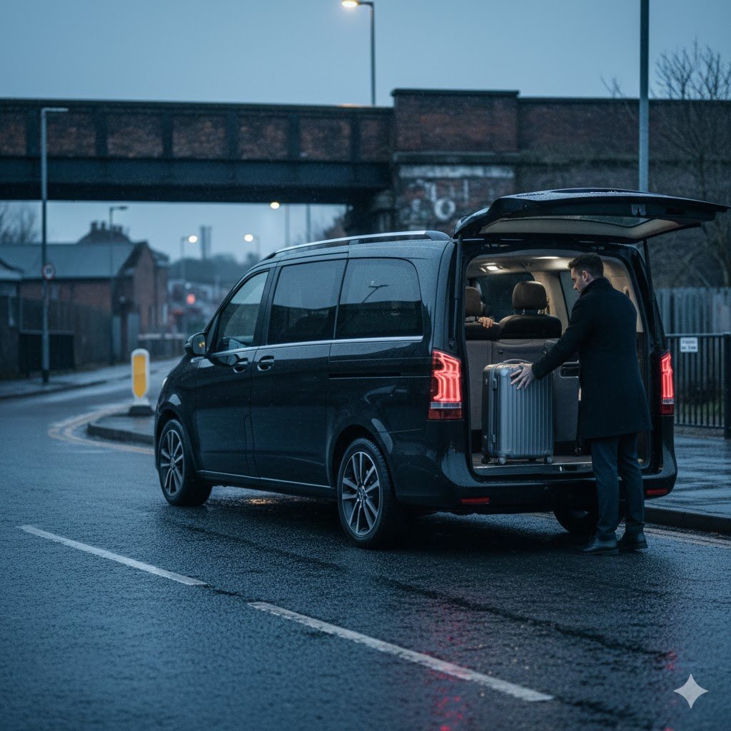 Castleton Chauffeur Service with black 2025 Mercedes-Benz V-Class operated by MCR-EXEC, showing a passenger loading luggage near Castleton transport links for an executive airport or long-distance transfer.