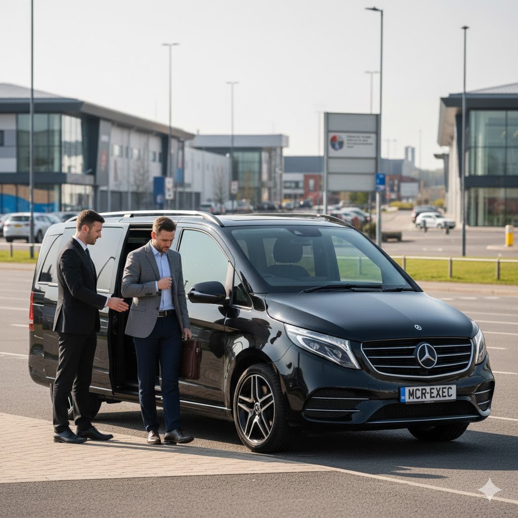 Chadderton Chauffeur Service with black Mercedes V-Class MPV, professional chauffeur assisting business passengers in Chadderton Oldham, executive transport by MCR-EXEC