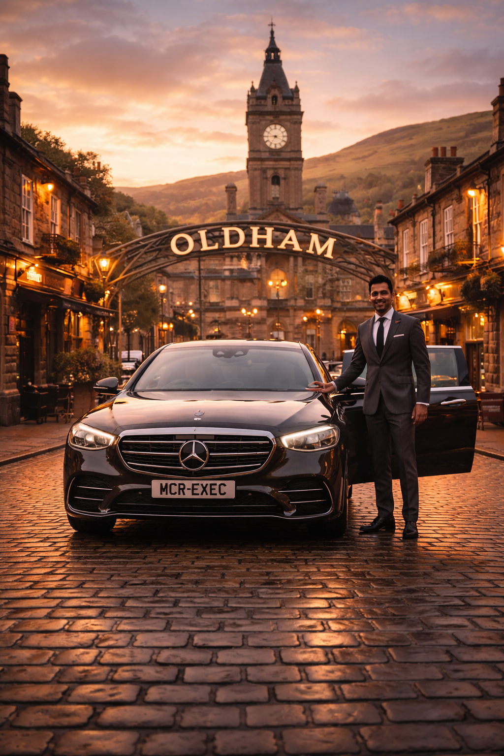 Chauffeur Service Oldham featuring a professional chauffeur beside a black 2025 Mercedes E-Class executive saloon with MCR-EXEC number plate, positioned in Oldham town centre with historic architecture at sunset, representing luxury executive transport and private chauffeur hire in Oldham.