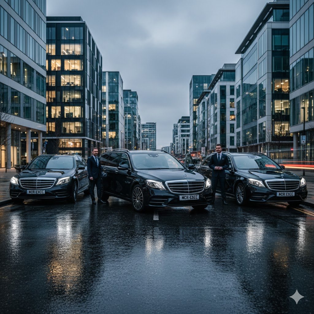 Chauffeur Service Trafford by MCR-EXEC with black 2025 Mercedes S-Class, E-Class and V-Class fleet providing executive airport and corporate transport