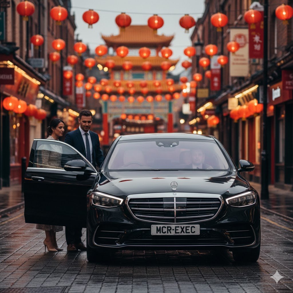 Chinatown Private Chauffeur Hire with a black Mercedes S-Class by MCR-EXEC arriving for evening dining in Manchester’s Chinatown.