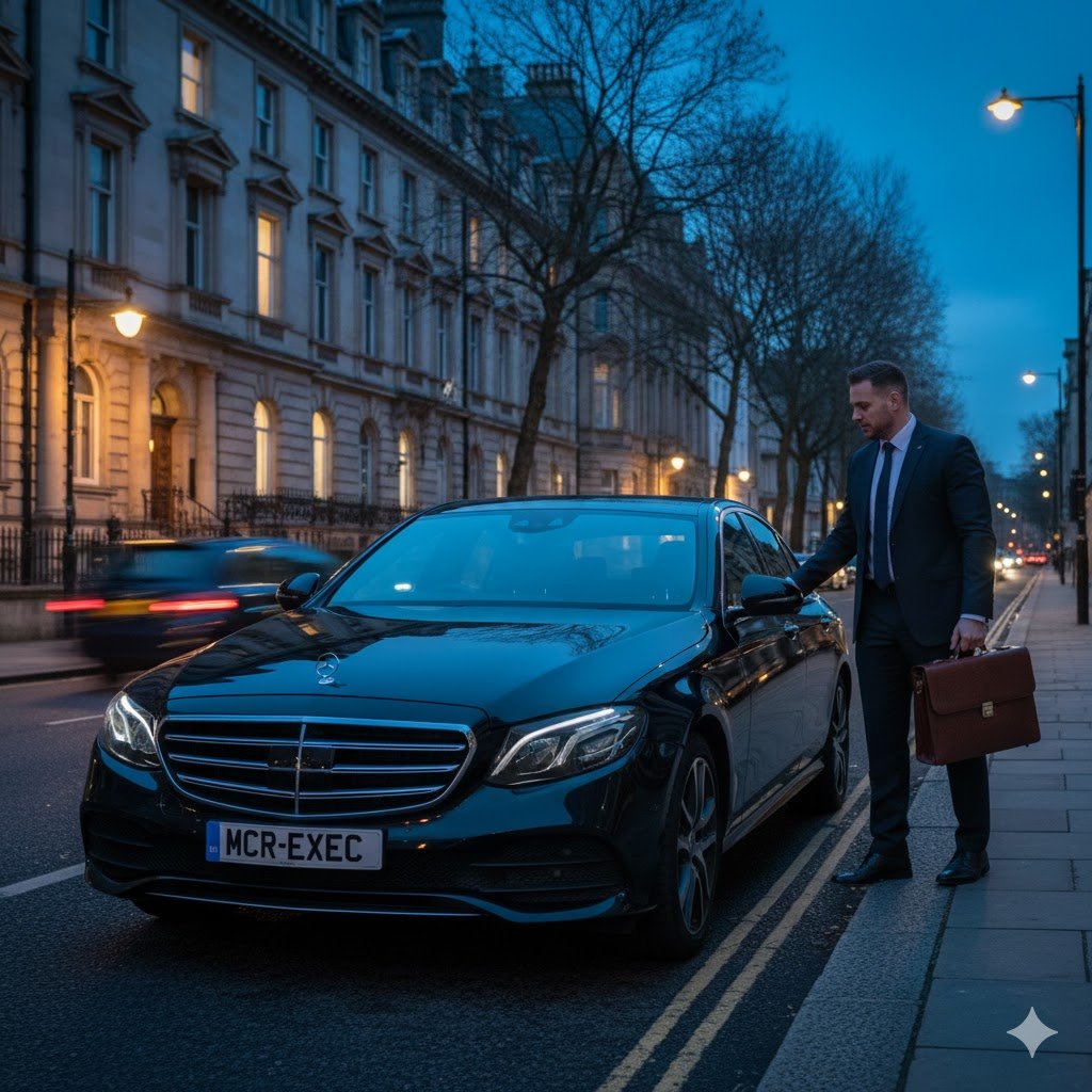 Chorley New Road Executive Car Hire hero image showing a black 2025 Mercedes E-Class with MCR-EXEC number plate at twilight as a professional chauffeur assists a corporate passenger outside a business venue in Bolton.