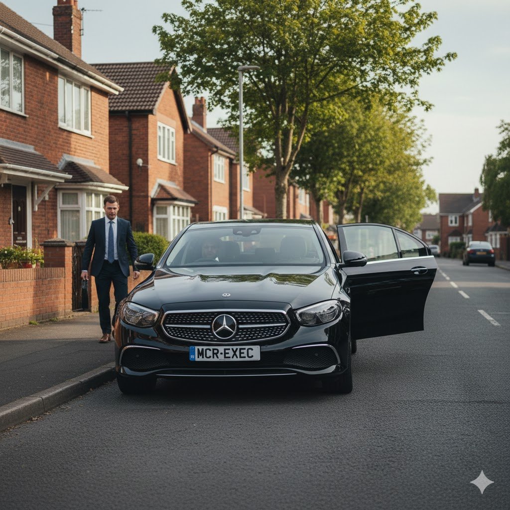 Chorlton-cum-Hardy Luxury Executive Transport with a black Mercedes E-Class by MCR-EXEC collecting a professional passenger from a residential street in Chorlton-cum-Hardy, Manchester.