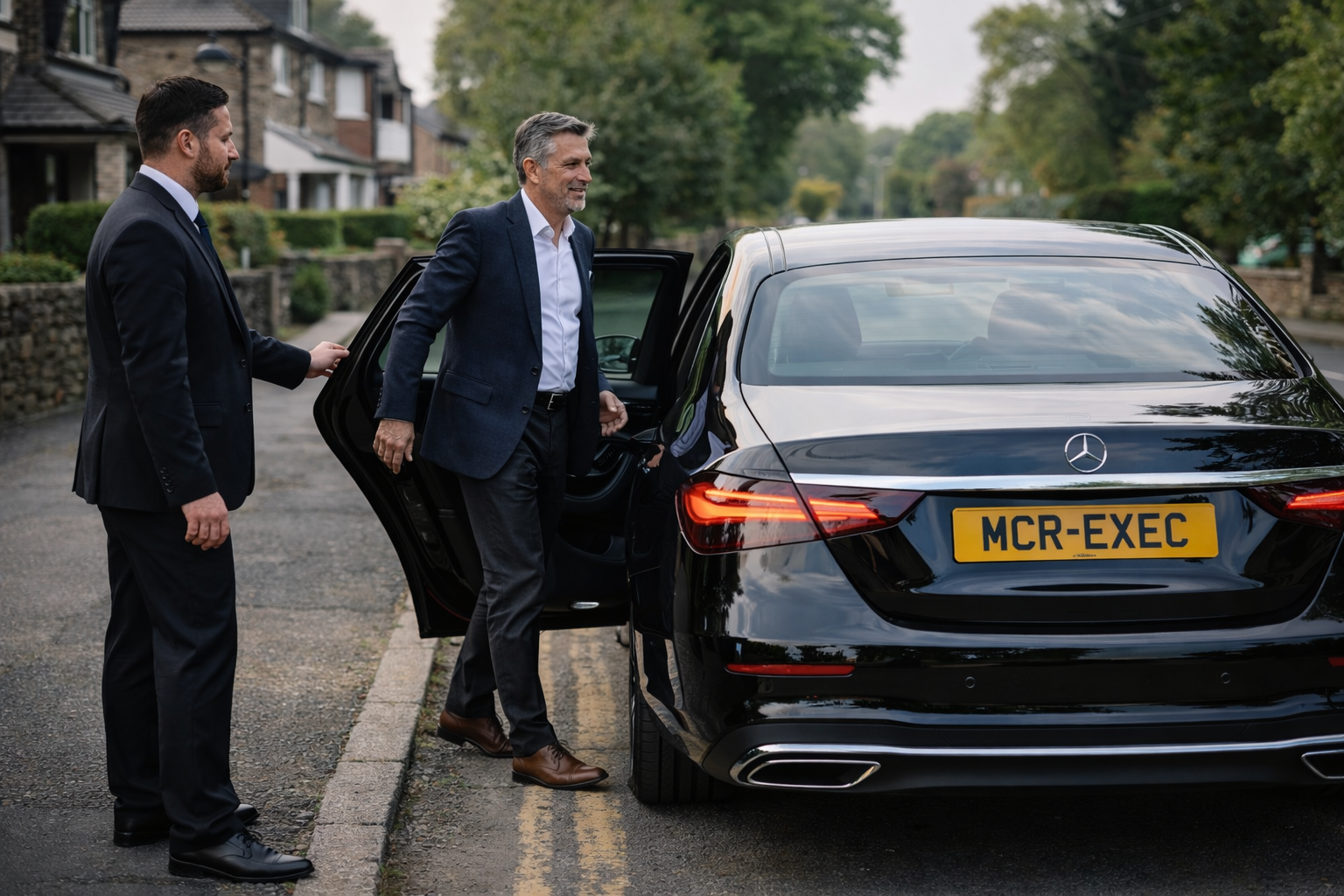 Crompton Chauffeur Service with black Mercedes E-Class, professional chauffeur assisting a passenger in Crompton Oldham, luxury executive transport by MCR-EXEC