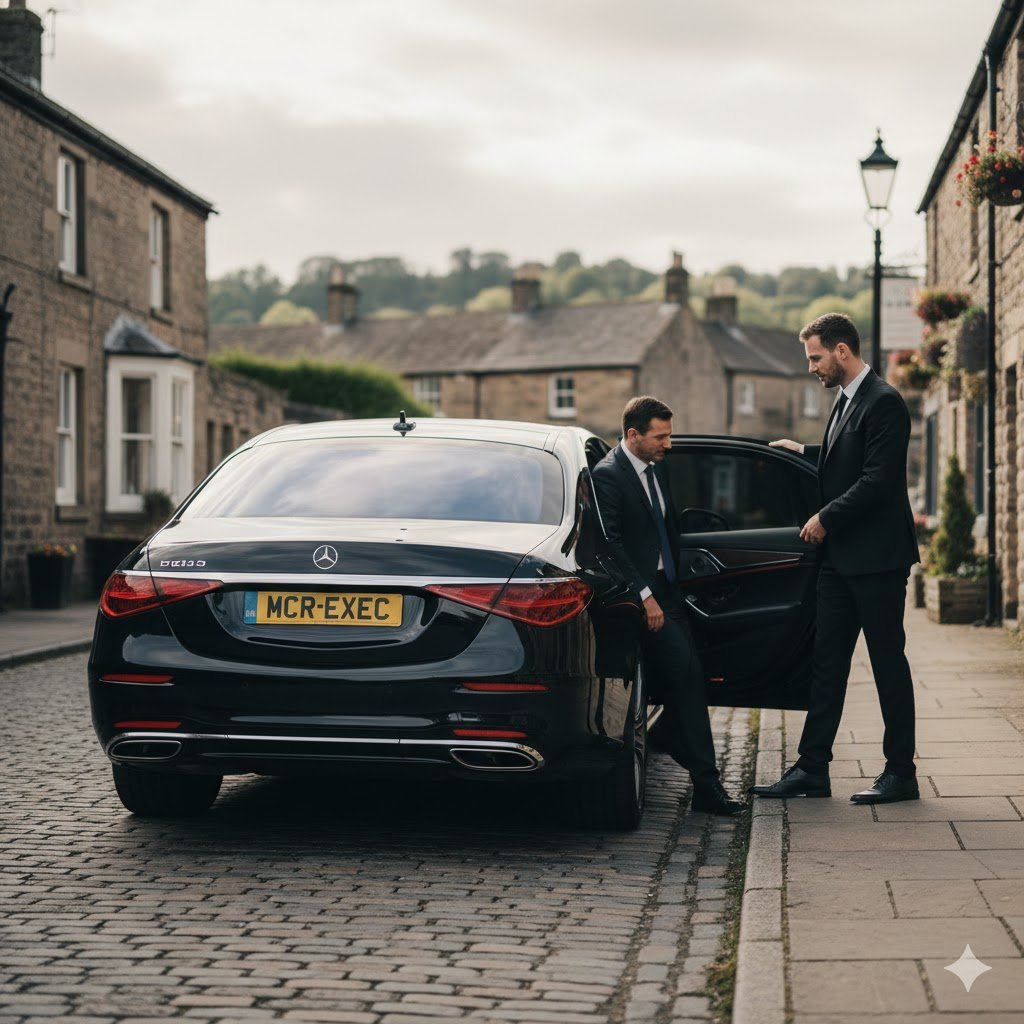 Delph Chauffeur Service with black Mercedes S-Class, professional chauffeur assisting a passenger in Delph Oldham village, luxury executive transport by MCR-EXEC