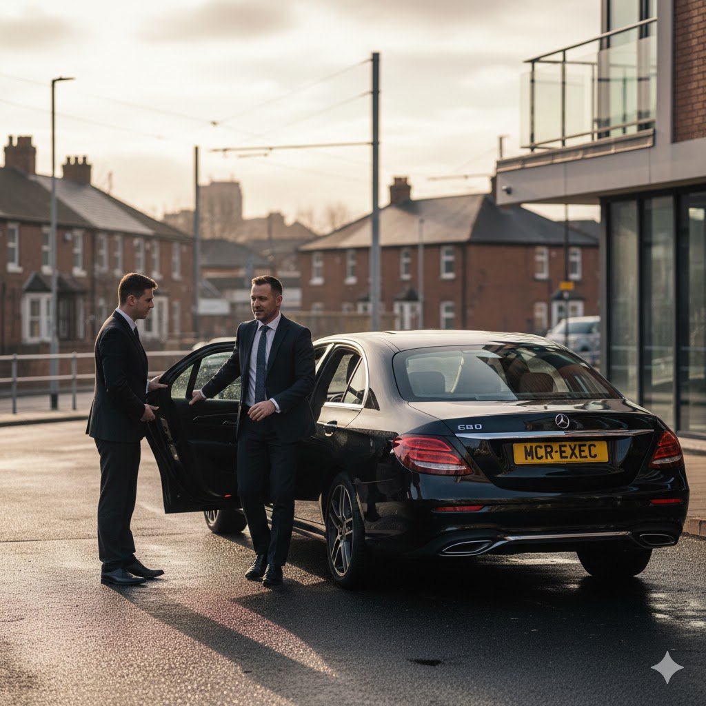 Derker Chauffeur Service with black Mercedes E-Class, professional chauffeur assisting a business passenger in Derker Oldham, premium local executive transport by MCR-EXEC