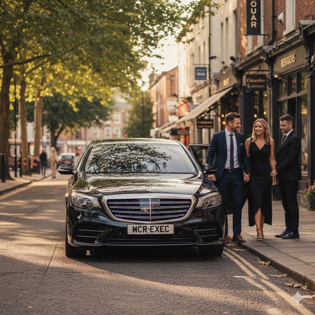 Didsbury Chauffeur Service in West Didsbury showing black 2025 Mercedes S-Class with MCR-EXEC number plate as couple exits vehicle near village restaurant.