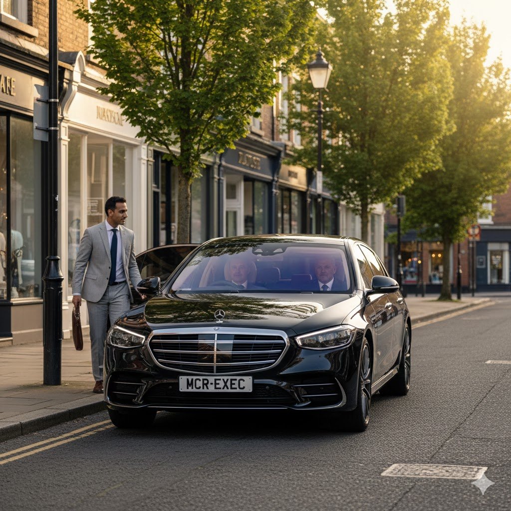 Didsbury Executive Chauffeur Hire with a black Mercedes S-Class by MCR-EXEC collecting a professional passenger in Didsbury Village, Manchester.