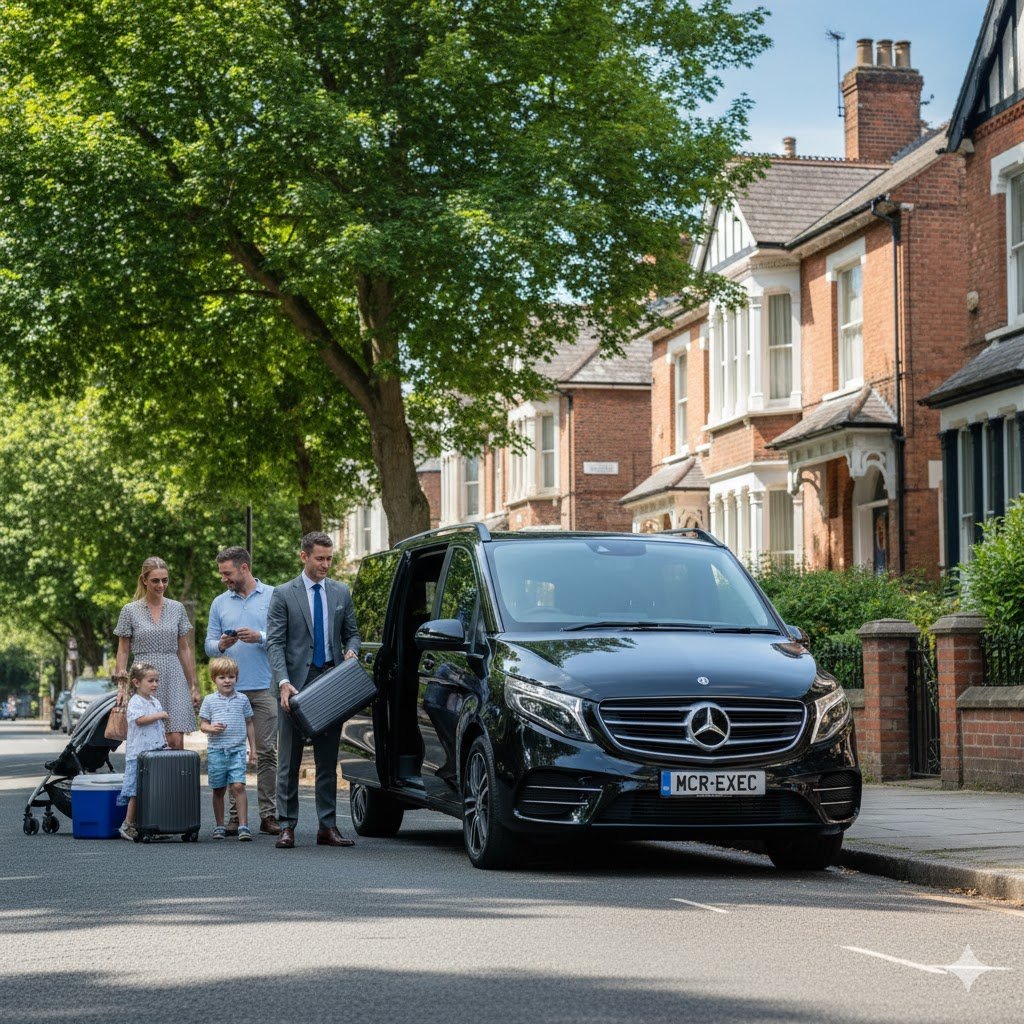 MCR EXEC Mercedes V-Class outside a premium Bury location for Executive Chauffeur Hire in Bury