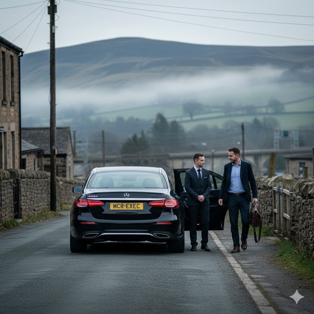 Diggle Chauffeur Service with black Mercedes E-Class, professional chauffeur waiting for a passenger in Diggle Oldham near the Pennines, luxury local transport by MCR-EXEC