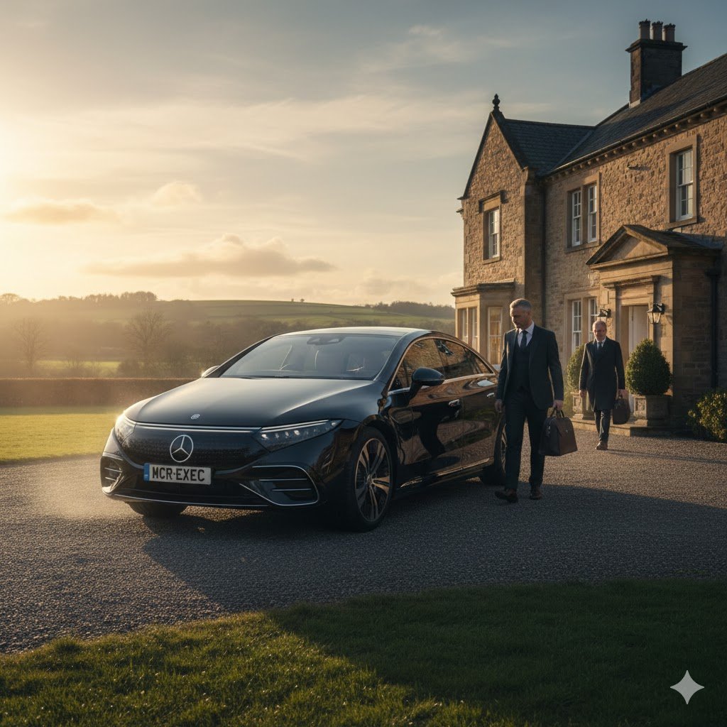 Dunscar Private Chauffeur hero image showing a black 2025 Mercedes EQS with MCR-EXEC number plate parked on a countryside driveway as a professional chauffeur prepares for departure in Greater Manchester.