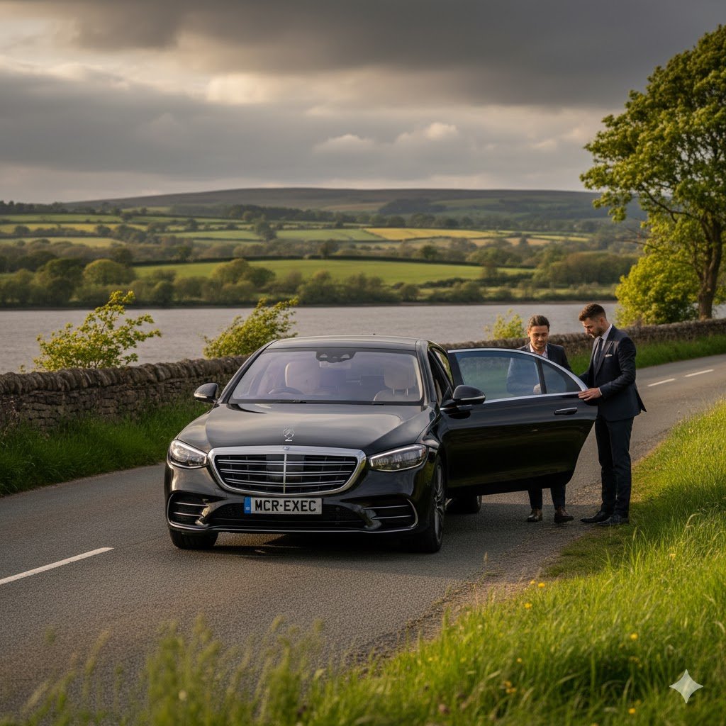 Edgworth Private Chauffeur hero image showing a black 2025 Mercedes S-Class with MCR-EXEC number plate parked near a countryside reservoir as a professional chauffeur assists a couple in Greater Manchester.