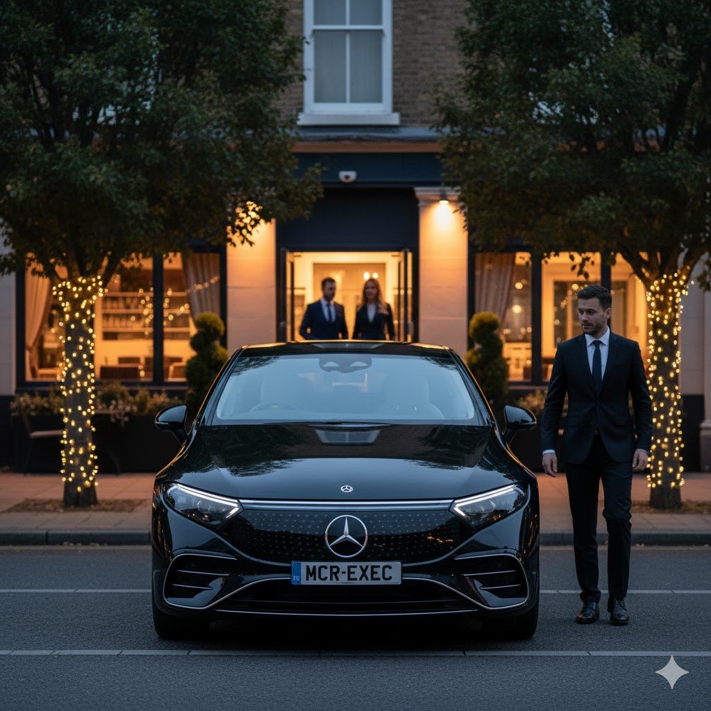 Egerton Luxury Executive Travel hero image showing a black 2025 Mercedes EQS with MCR-EXEC number plate outside an elegant evening venue in Greater Manchester with a professional chauffeur nearby.