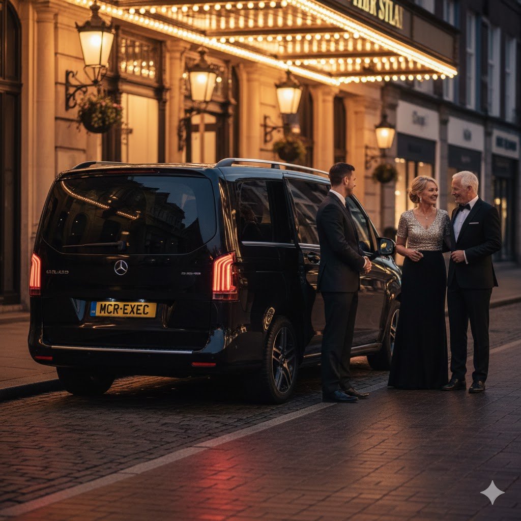 Southport Chauffeur Service for events and hospitality using a black Mercedes-Benz V-Class operated by MCR-EXEC, providing premium guest transport in Southport.