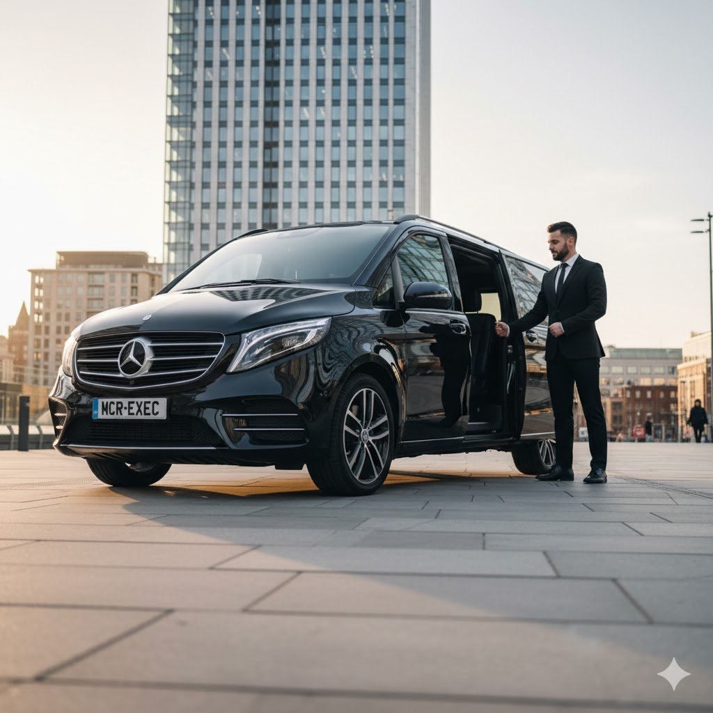 Executive Mercedes Chauffeur Fleet in Manchester featuring a black 2025 Mercedes V-Class MPV by MCR EXEC with visible MCR-EXEC number plate outside a modern corporate building