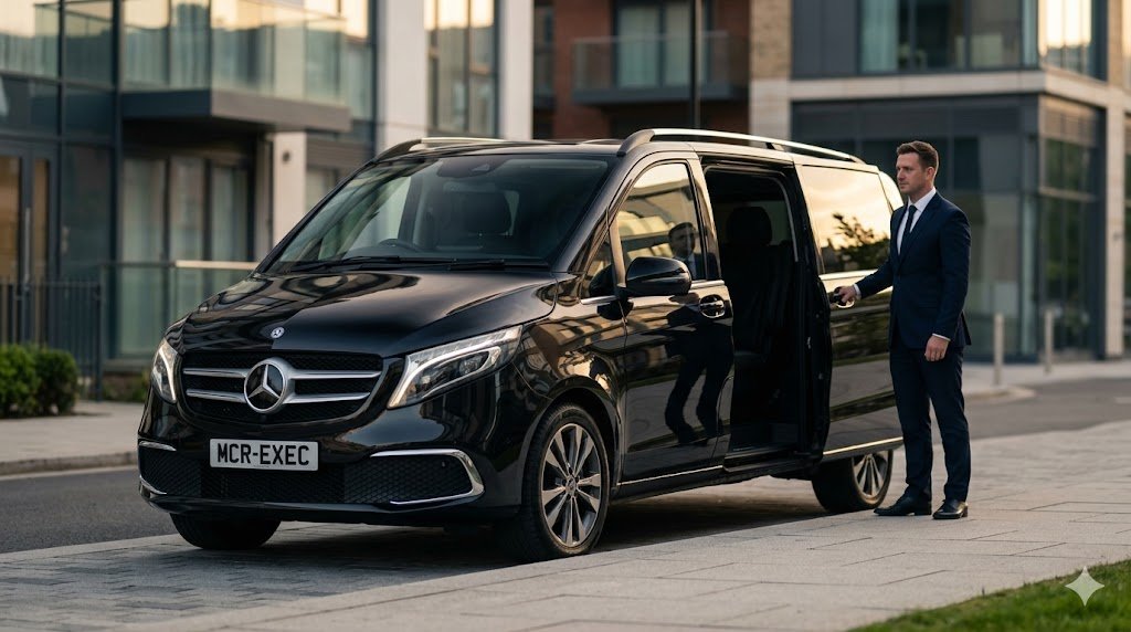 Executive Transfers Trafford with black 2025 Mercedes V-Class MPV and MCR-EXEC number plate, professional chauffeur opening rear door in Trafford residential setting – MCR EXEC