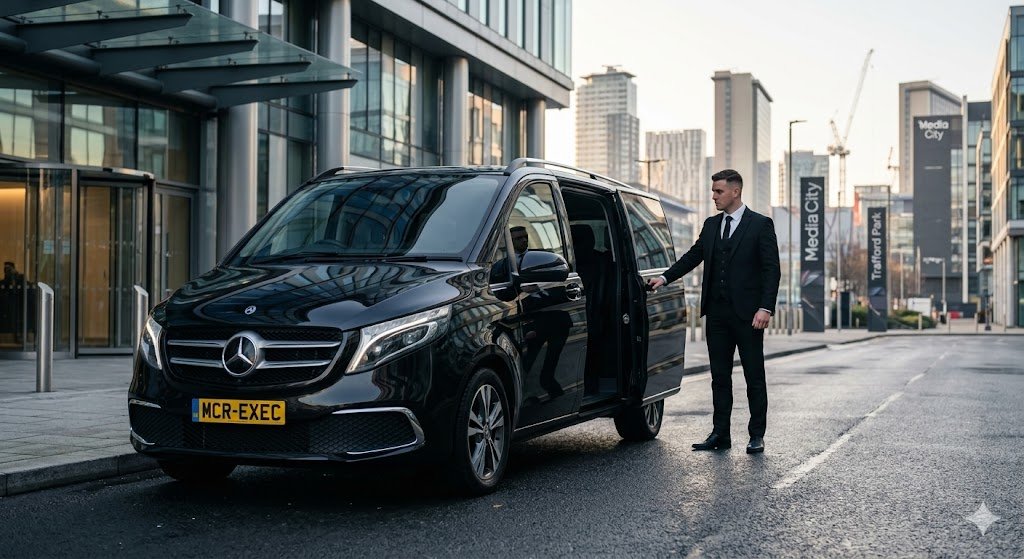 Executive Transfers Trafford service with black 2025 Mercedes V-Class MPV and MCR EXEC chauffeur opening door in Trafford business district