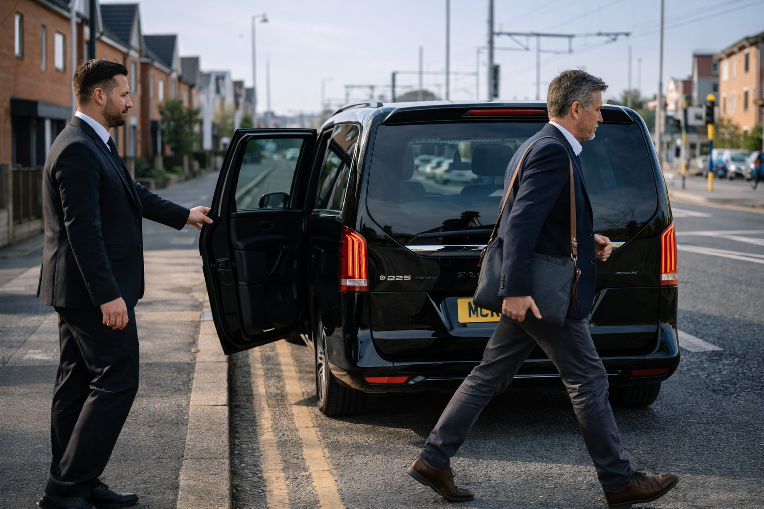 Failsworth Chauffeur Service with black Mercedes V-Class MPV, professional chauffeur assisting a commuter in Failsworth Oldham, executive transport by MCR-EXEC