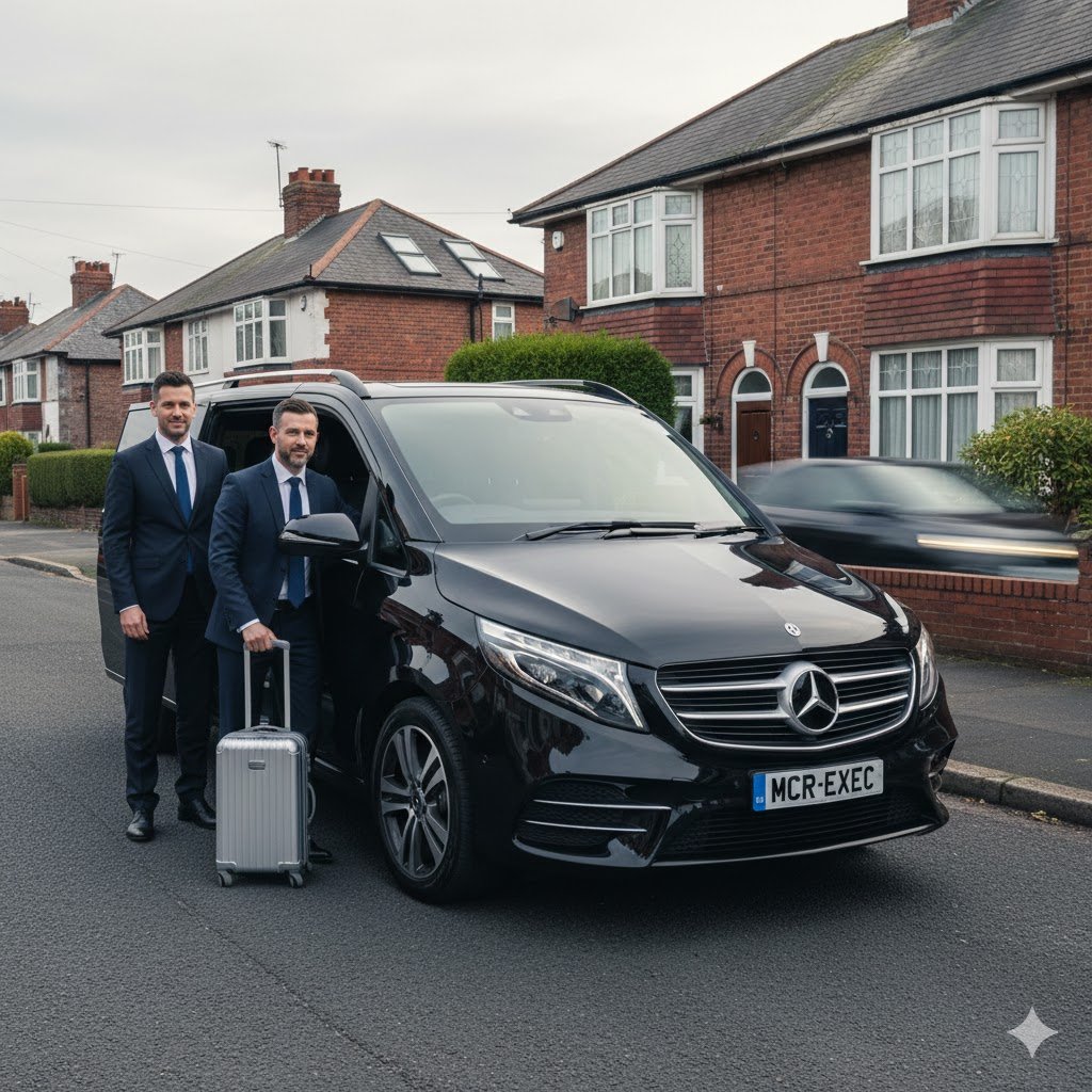 Flixton Chauffeur Service by MCR-EXEC with black 2025 Mercedes V-Class assisting passenger for airport transfer in Trafford